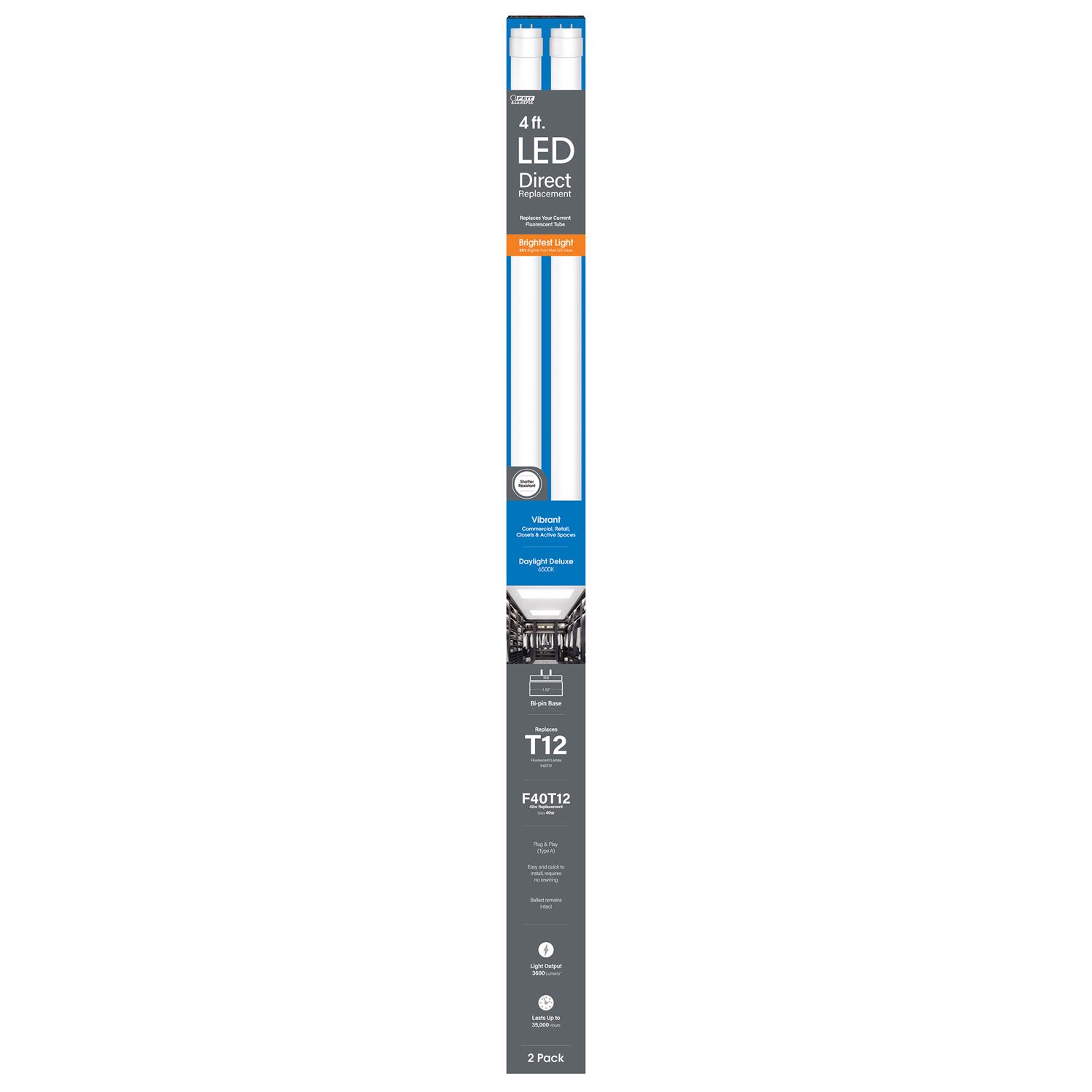 Feit T12 Daylight Deluxe 48 in. G13 Linear Led Linear Lamp 40 Watt Equivalence 2 pk