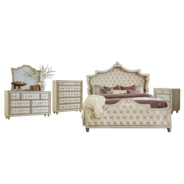 Upholstered California King Bedroom Set in Ivory and Camel - - 36135790