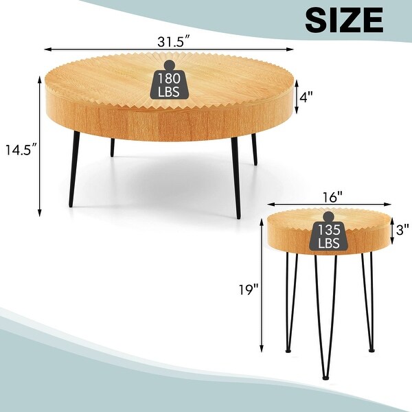 Round Coffee Table Set of 2， Modern Farmhouse End Tables with Natural Finish， Aesthetic Line Design， - as picture