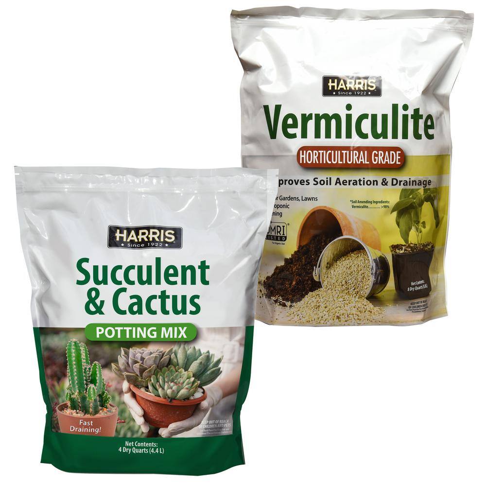 Harris 8 Qt. Premium Horticultural Vermiculite for Indoor Plants and Gardening and 4Qt. Succulent and Cactus Potting Soil Mix VERM-SUCCL