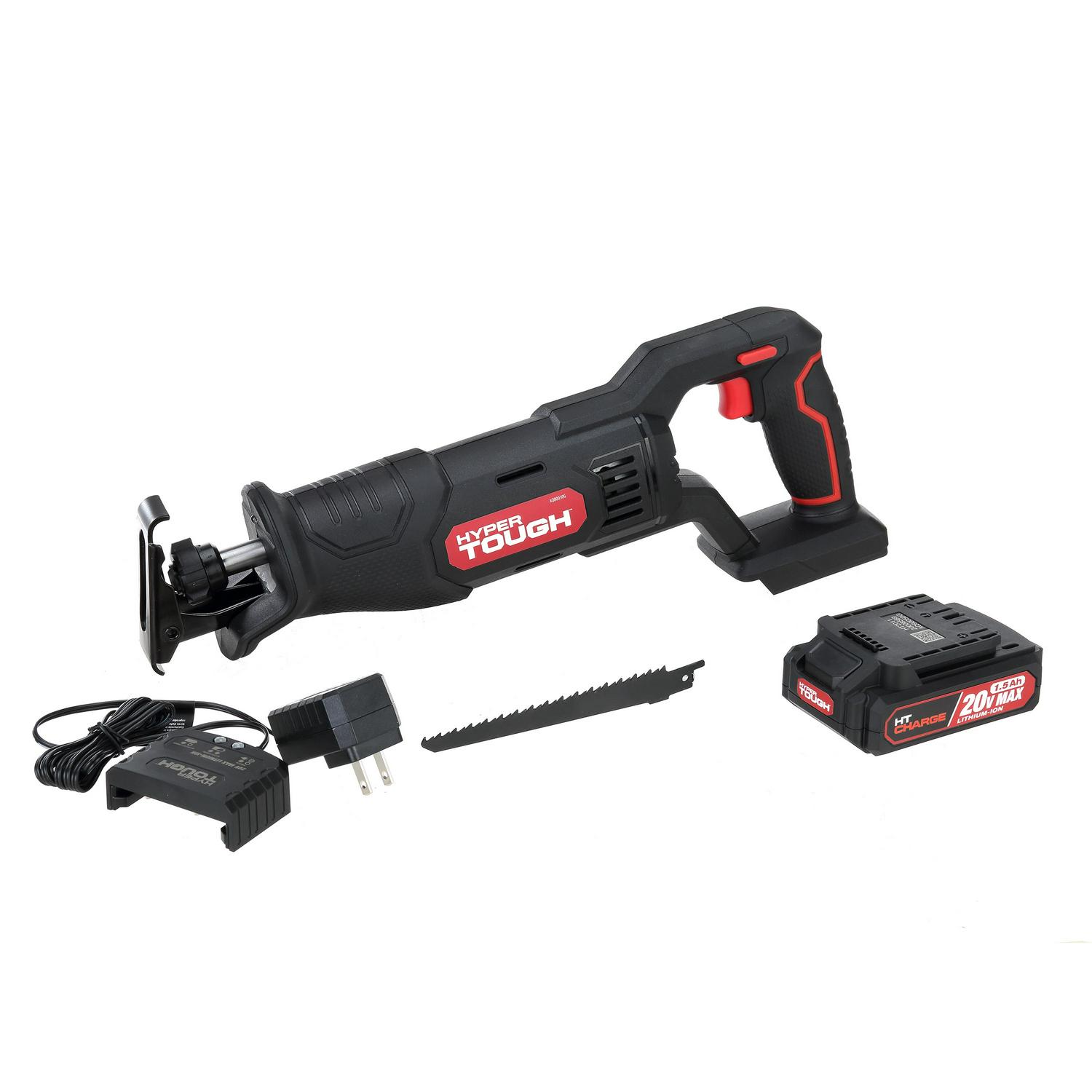 Hyper Tough 20V Max Lithium-ion Cordless Reciprocating Saw， Variable Speed， Keyless Blade Change， with 1.5Ah Lithium-ion Battery and Charger， Wood Blade and LED Light