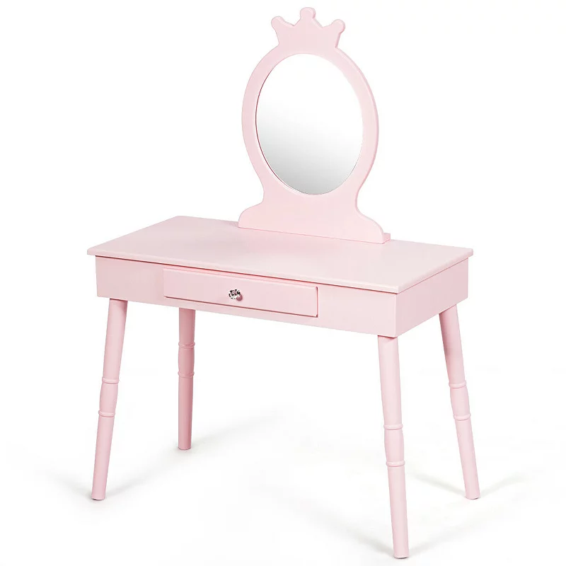 Kids Wooden Princess Makeup Table with Cushioned Stool