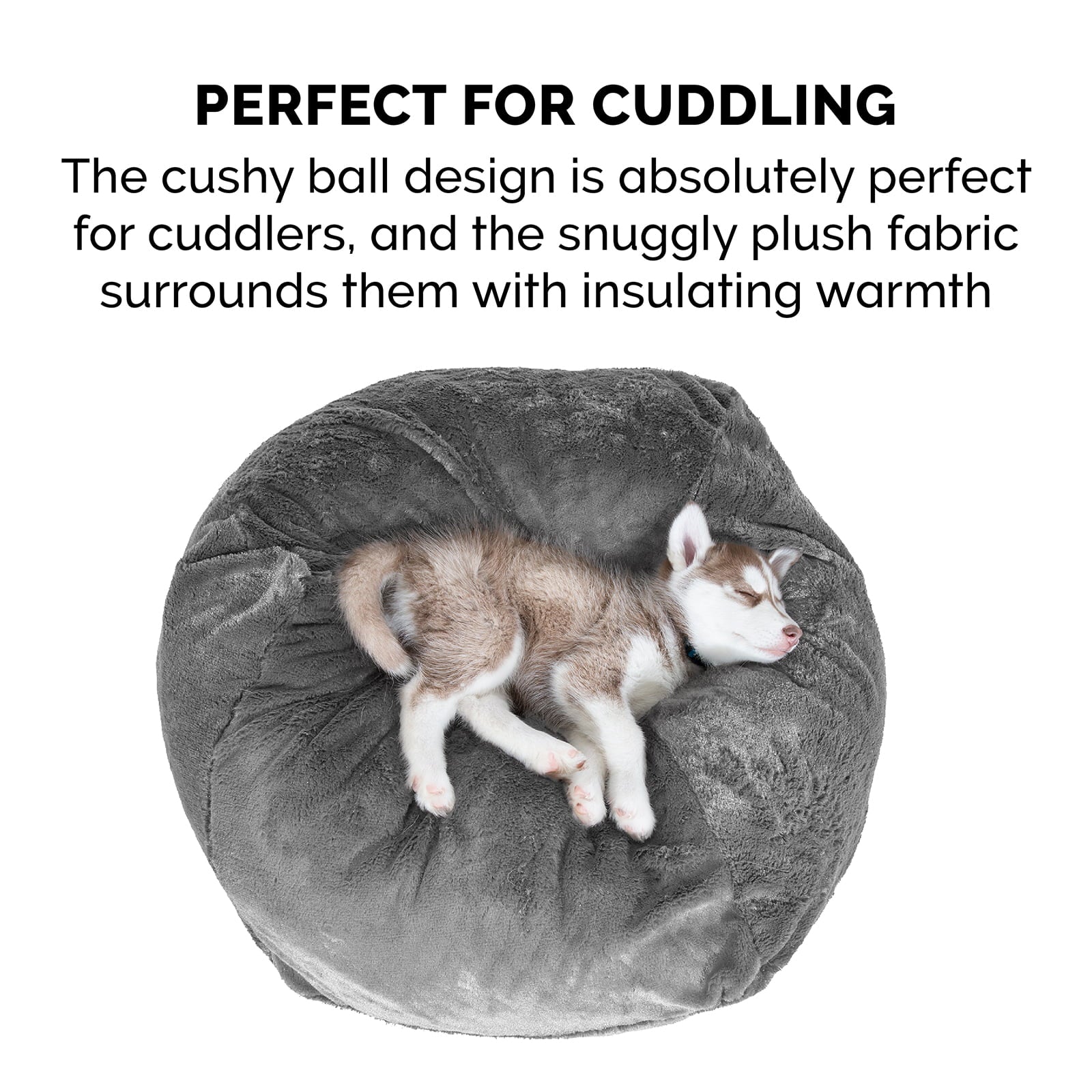 FurHaven Pet Dog Bed | Round Plush Ball Pet Bed for Dogs and Cats， Gray Mist， Extra Large