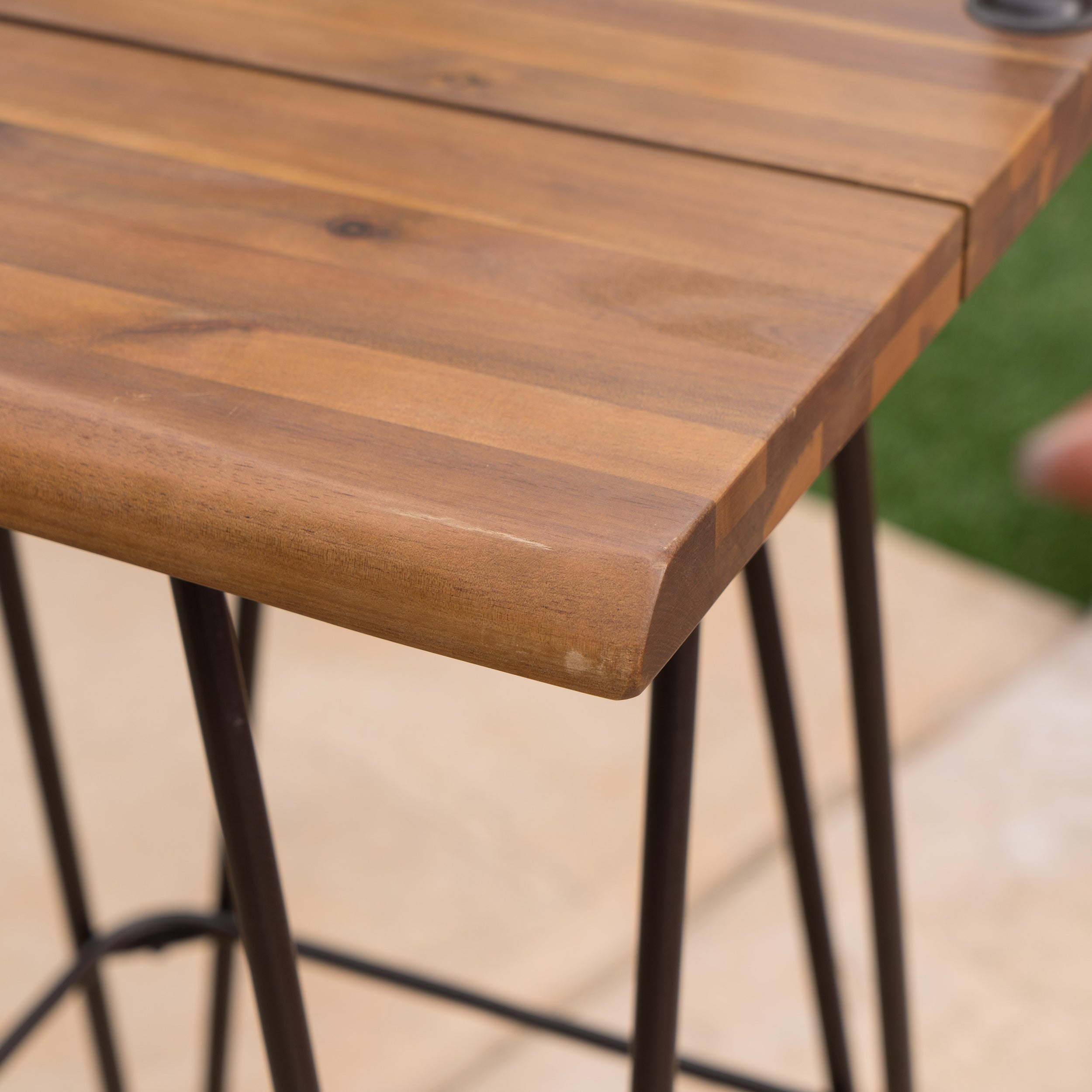 Leonardo Outdoor Industrial Teak Finished Acacia Wood Barstools with Iron Frame