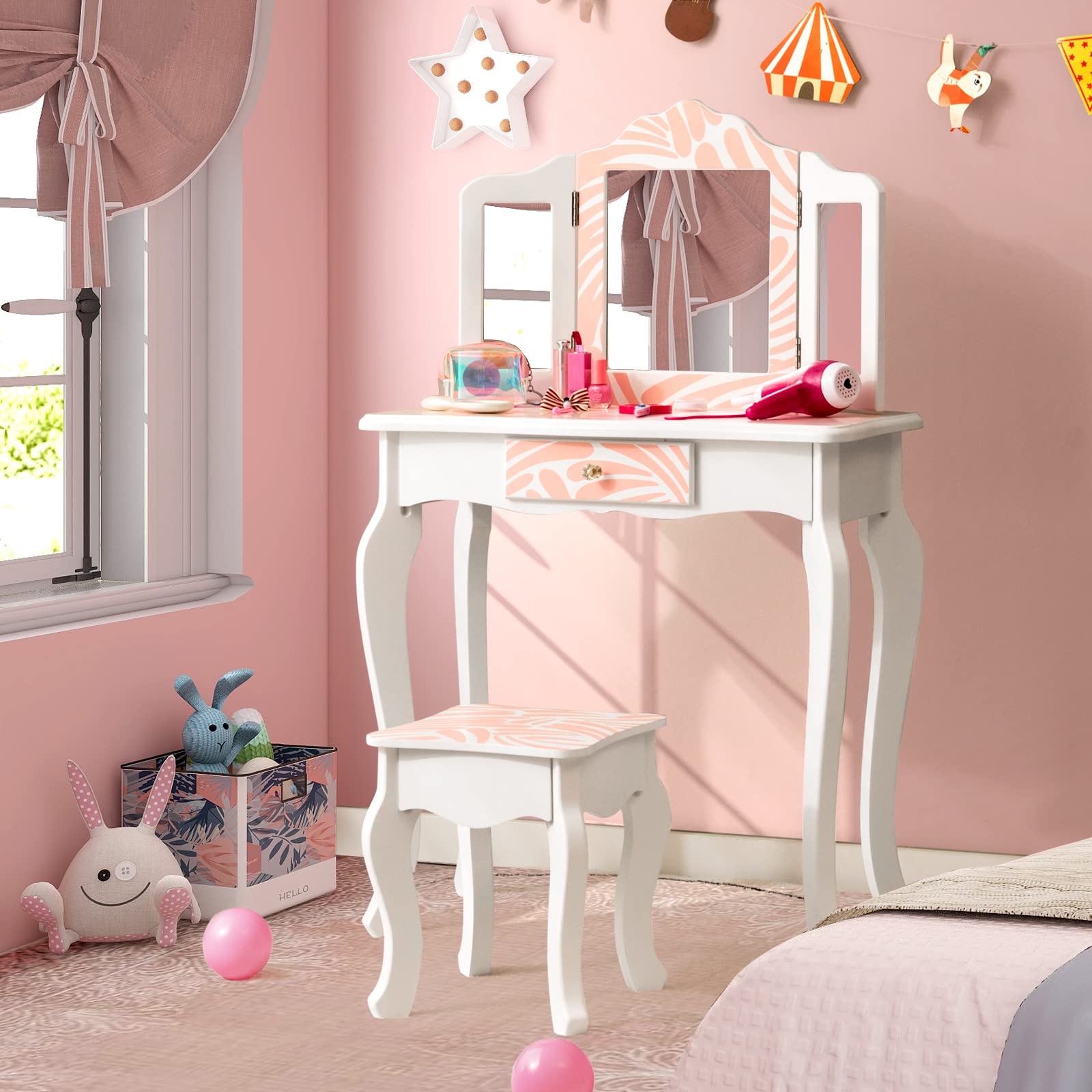 Costzon Kids Vanity Table and Chair Set, Girls Vanity Set with Mirror and Stool, Pretend Play Vanity Set for Little Girls