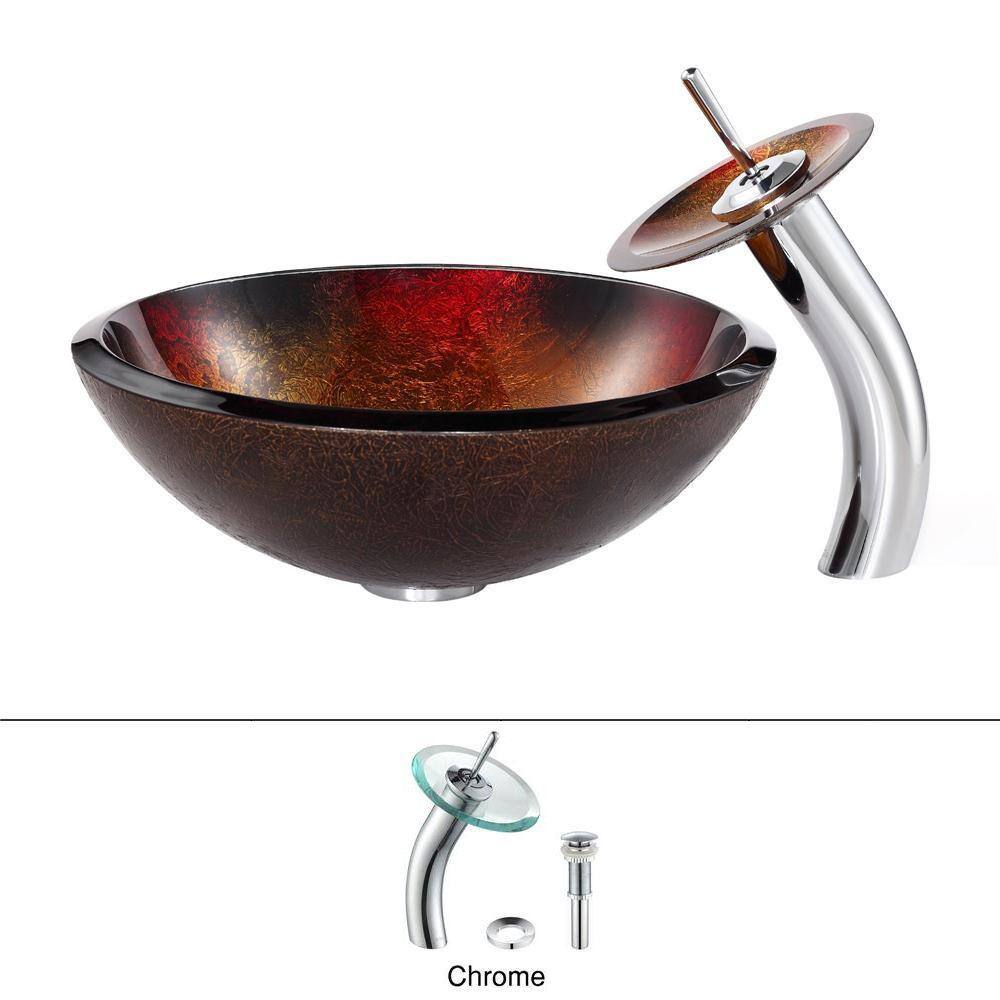 KRAUS Mercury Glass Vessel Sink in RedGold with Waterfall Faucet in Chrome C-GV-680-19mm-10CH