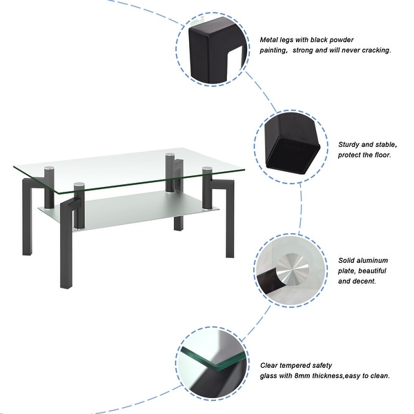 Rectangle Coffee Table 2-Tier Storage Side Table Black Tempered Glass Tabletop Center Table with Metal Tube Legs