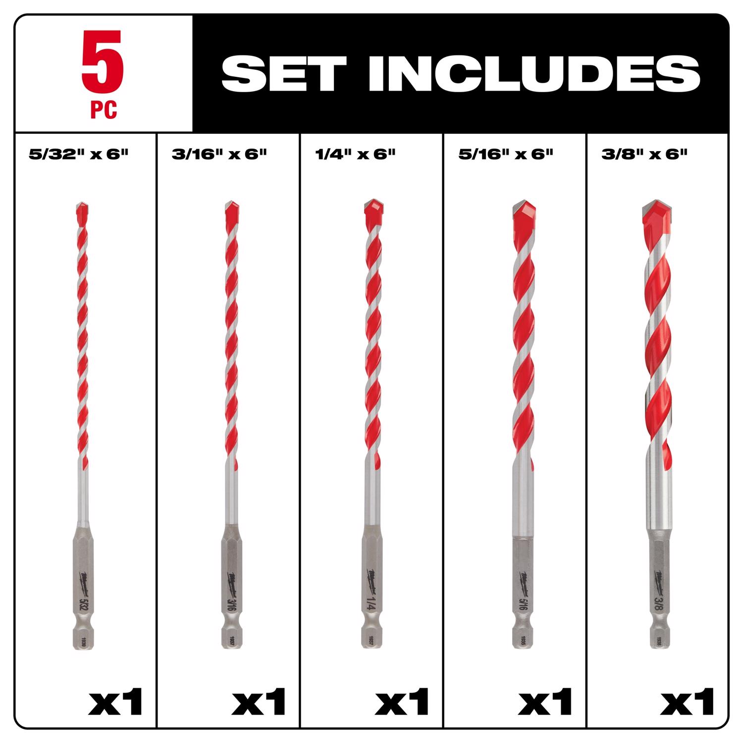 MW Shockwave 6 in. L Carbide Hammer Drill Bit Set 5 pc