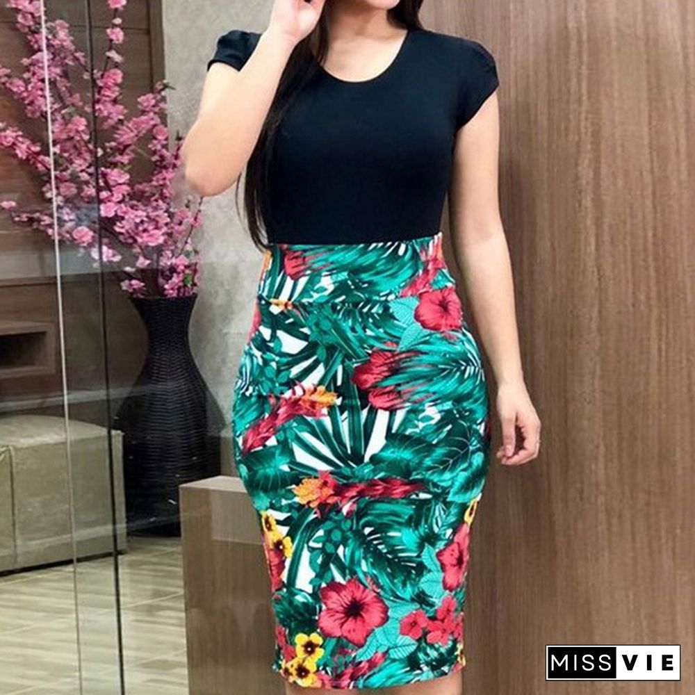 Women Summer O-Neck Short Sleeve Casual Sexy Bodycon Flowers Dress