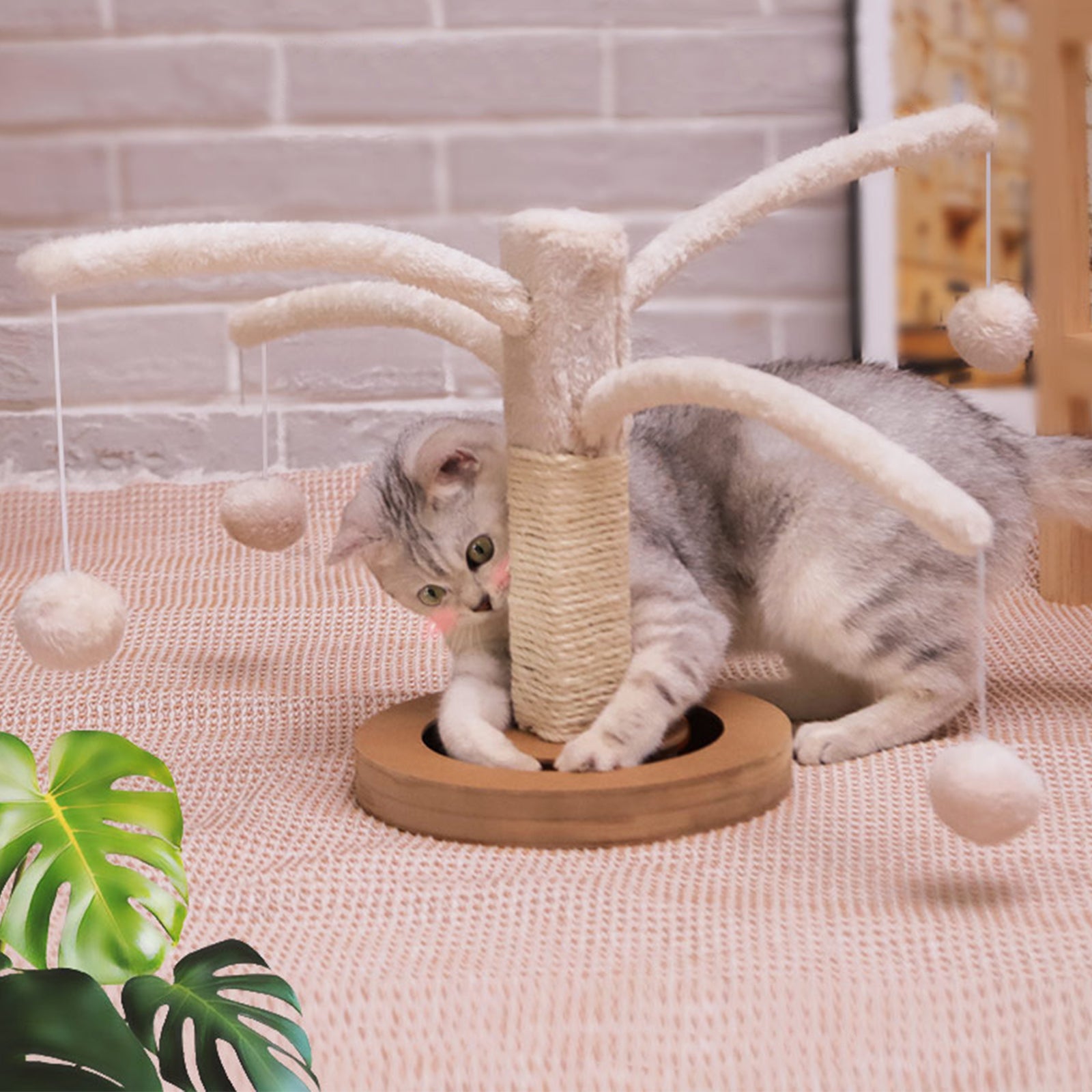 BRKURLEG Cat Scratching Post Tree， Cat Scratcher with Sisal Rope Spring Branches Cat Interactive Plush Ball Toy， Claw Scratch for Indoor Cats Kittens Play and Relax， Cat Supplies