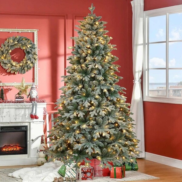 7ft Lighted Artificial Christmas Tree with 1300 Branches，Durable Metal Stand，Easy Assembly，Hinged Xmas Tree