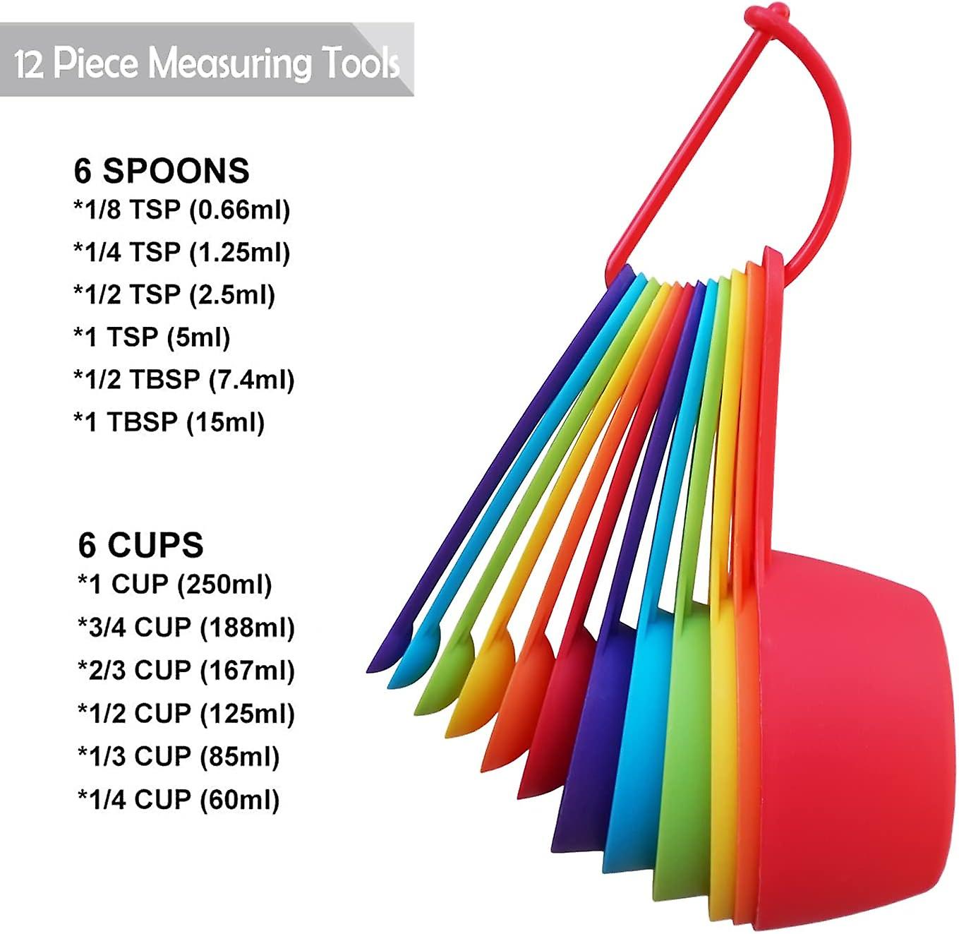 12 Piece Measuring Cups And Spoons Set， Colored Kitchen Measure Tools， Durable Nesting Cups And Spoons For Dry And Liquid， Dishwasher Safe