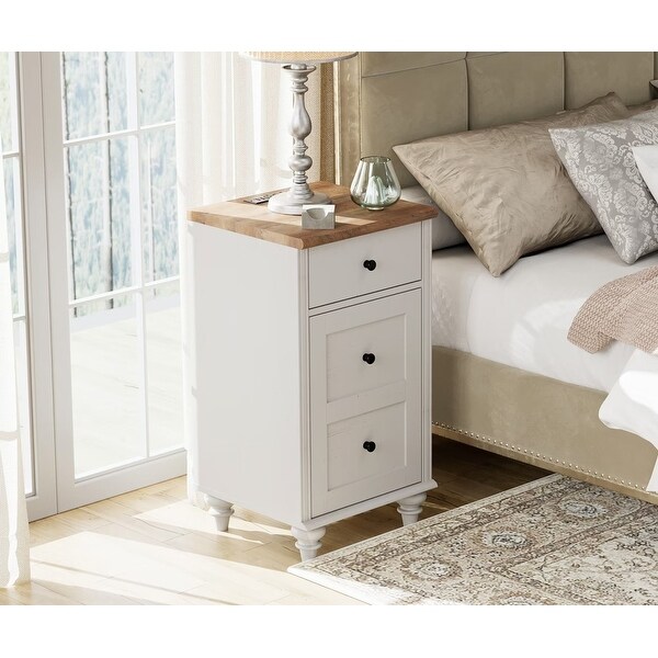 Set of 2 End Tables with Charging Station and Storage Cabinet， Off White