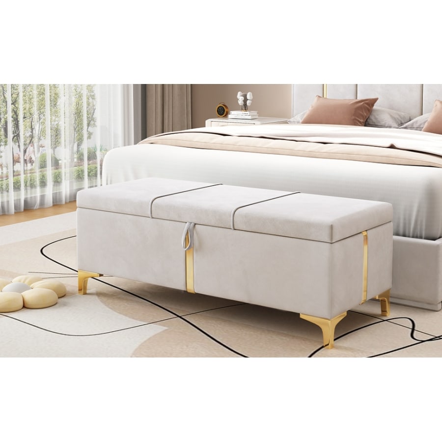 Elegant Style Large Upholstered Storage Ottoman  Storage Bench with Metal Legs  Modern Bed End Bench