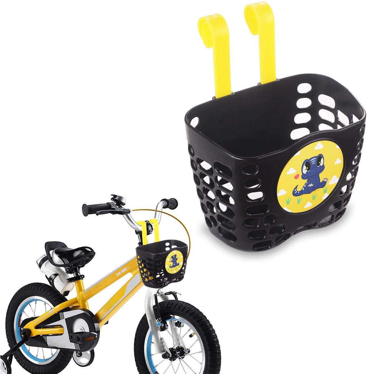 Kid's Bike Basket， MINI-FACTORY Cute Dinosaur Pattern Bicycle Handlebar Basket for Boys - Black basket + Cute Blue Dino