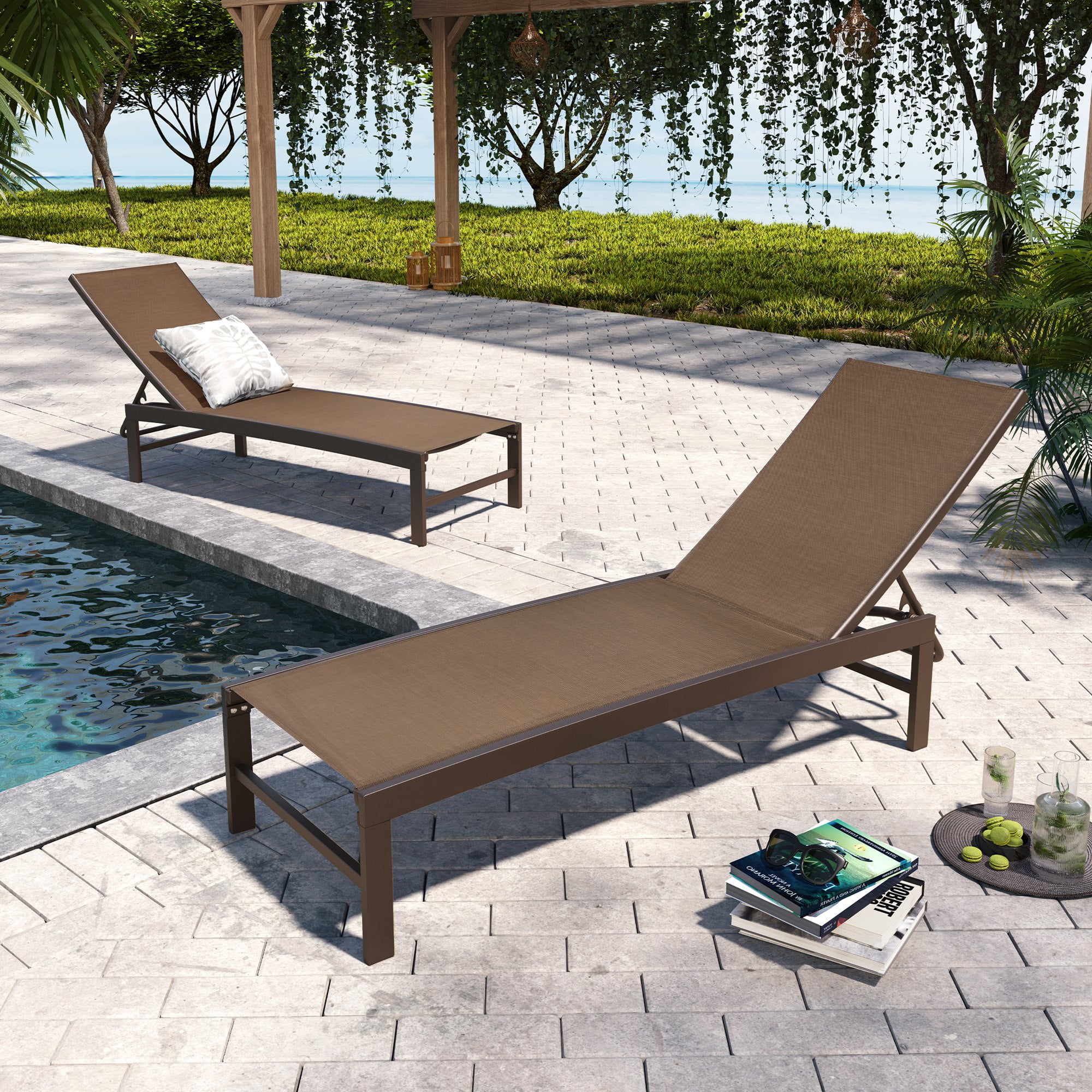 Pellebant Brown Patio Outdoor Chairs Aluminum Adjustable Lounge Chaise (Set of 2)