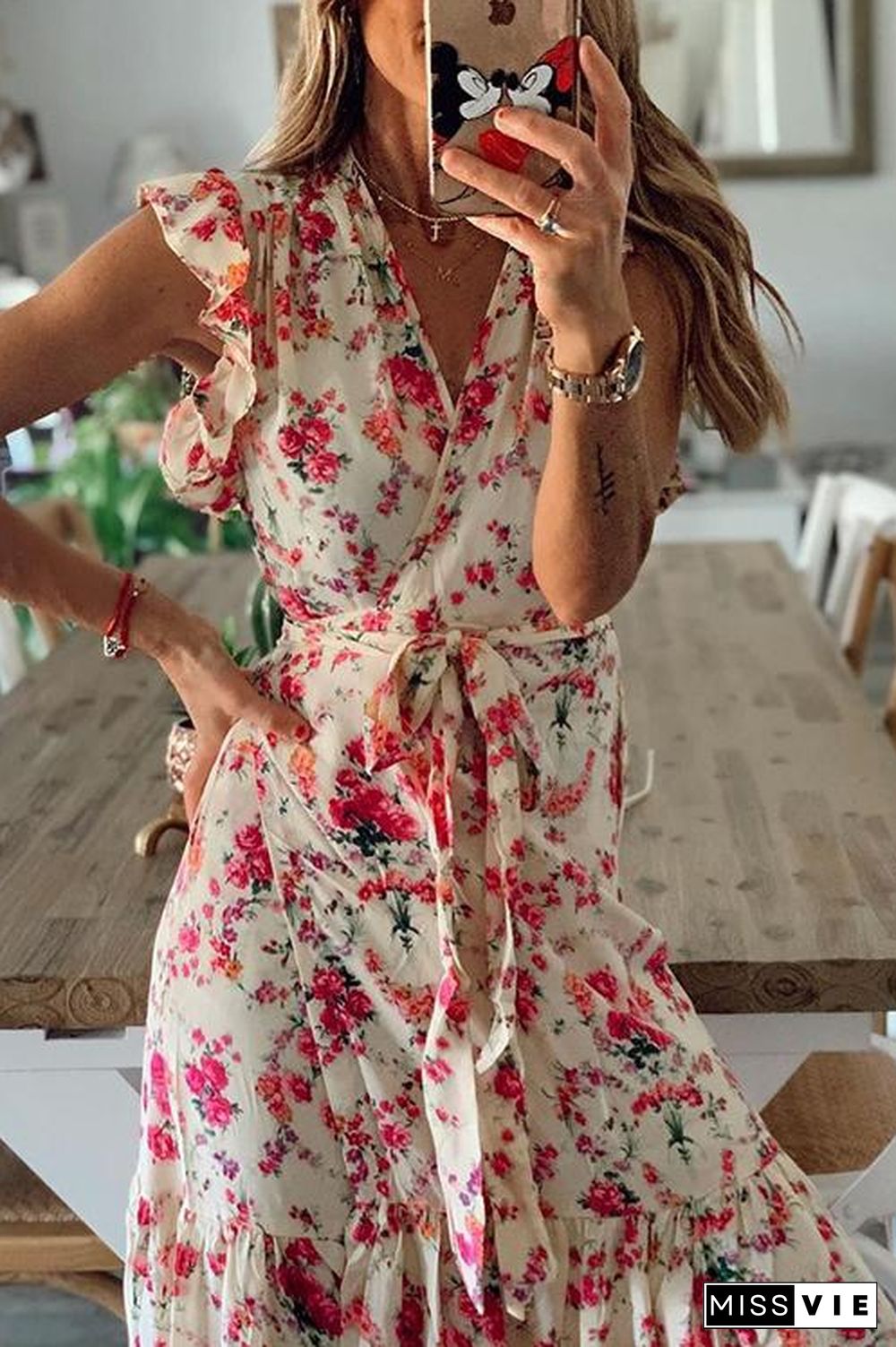 Floral Print Ruffles Maxi Wrap Dress