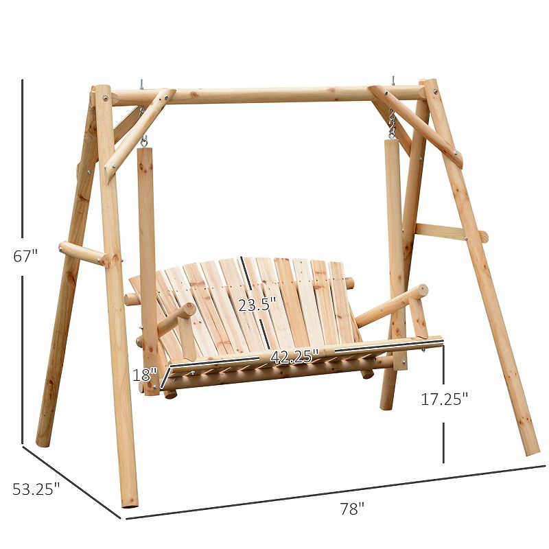 Outsunny 6.5' 2 Person Solid Wood Log Cabin Style Patio Swing Loveseat Natural