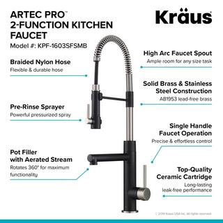 KRAUS Artec Pro Single Handle Pull Down Sprayer Kitchen Faucet with Pot Filler in Spot Free Stainless SteelMatte Black KPF-1603SFSMB