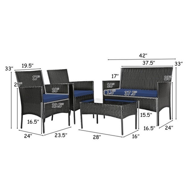 4 Pieces Patio Rattan Cushioned Sofa Set with Tempered Glass Table - Overstock - 37909376