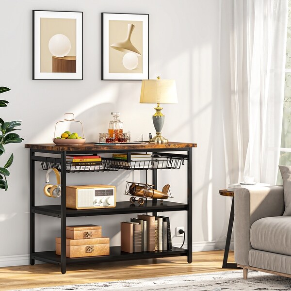 Kitchen Island with Storage Industrial Island Table with Power Outlets and Wire Baskets 3 tier Microwave Oven Stand