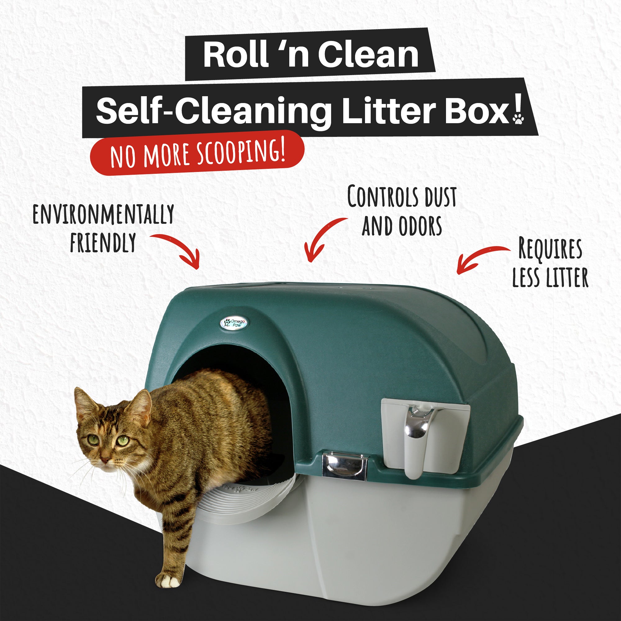 Omega Paw Premium Roll 'N Clean Self Cleaning Litter Box， Large， Green