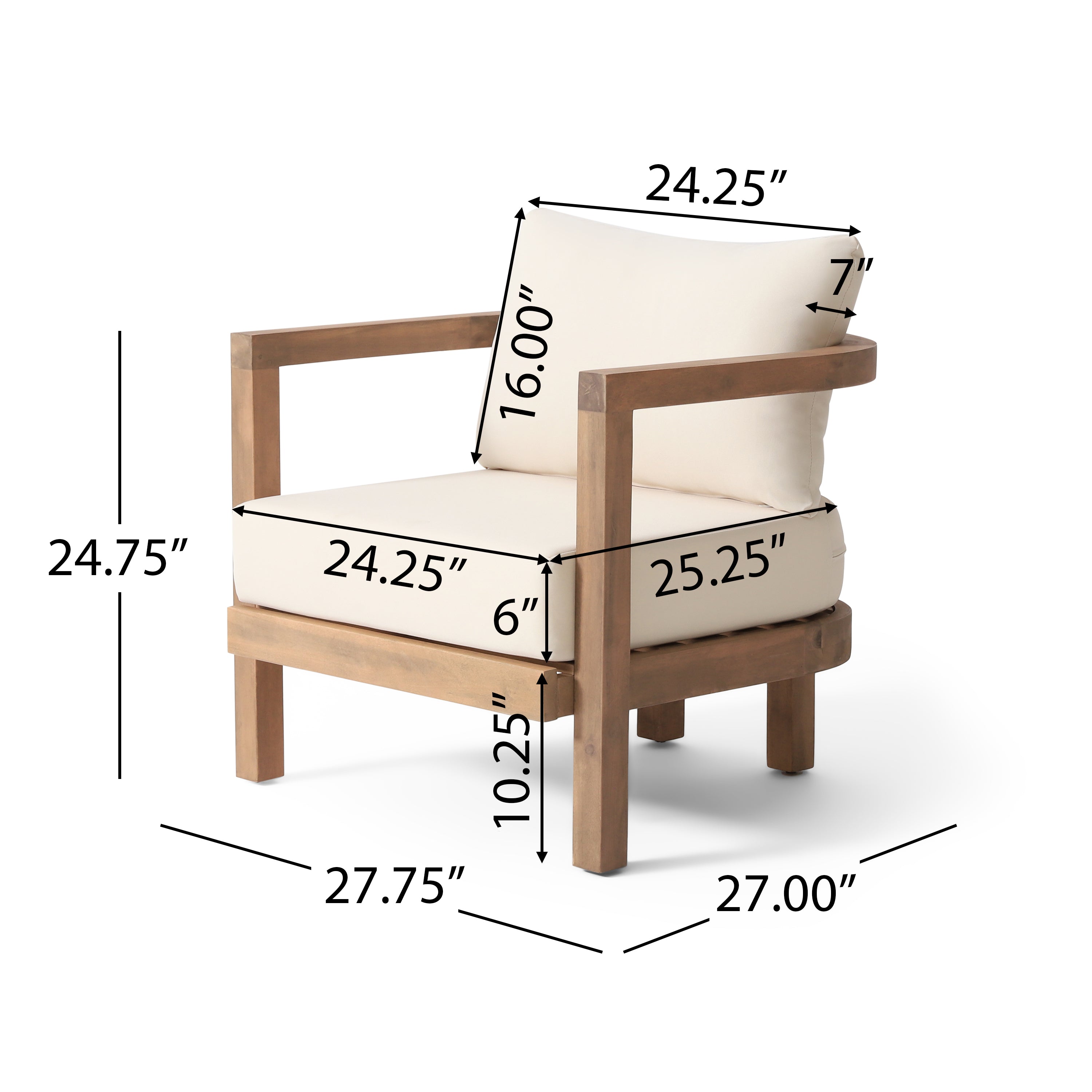 Aston Outdoor Acacia Wood Club Chairs with Cushions, Set of 2, Beige and Brown Wash