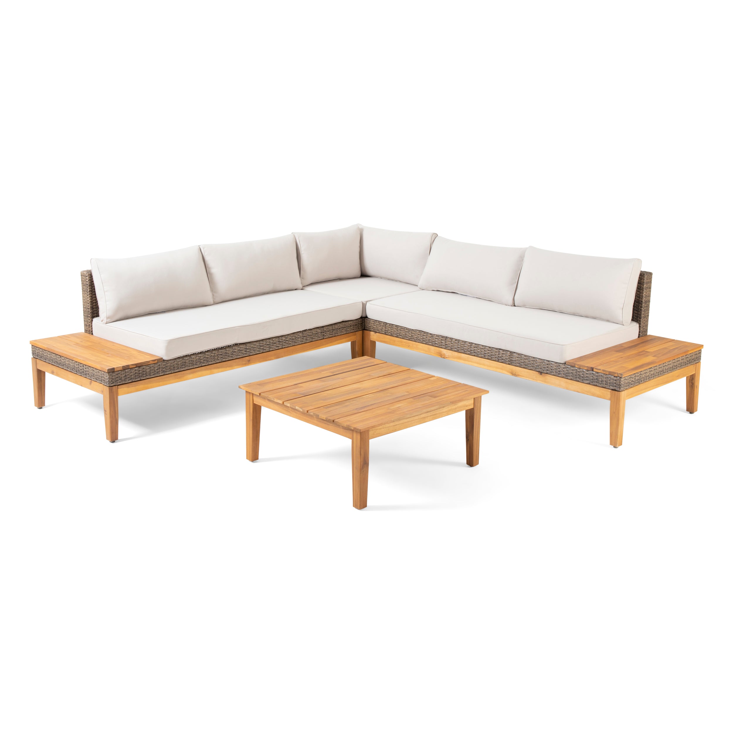 Emanuel Outdoor Acacia Wood and Wicker 5 Seater Sectional Sofa Set with Water-Resistant Cushions