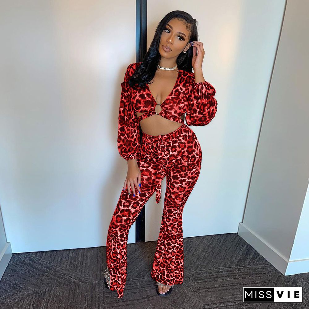 Sexy Leopard Print Long Sleeve V Neck Bandage Crop Top Long Pant Women Streetwear Two Piece Set