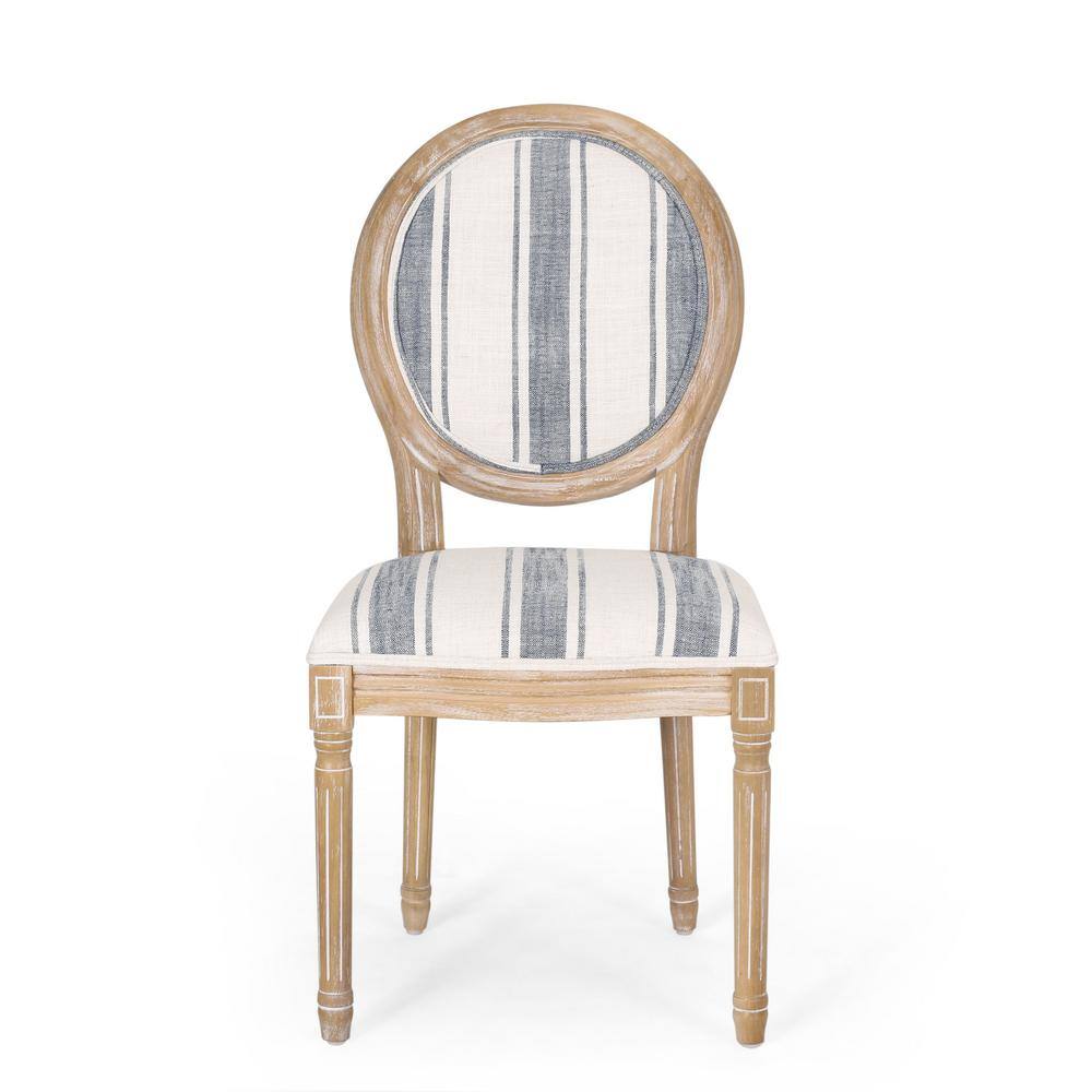 Noble House Karter Dark Blue Stripes and Light Beige Upholstered Dining Chair (Set of 2) 105393