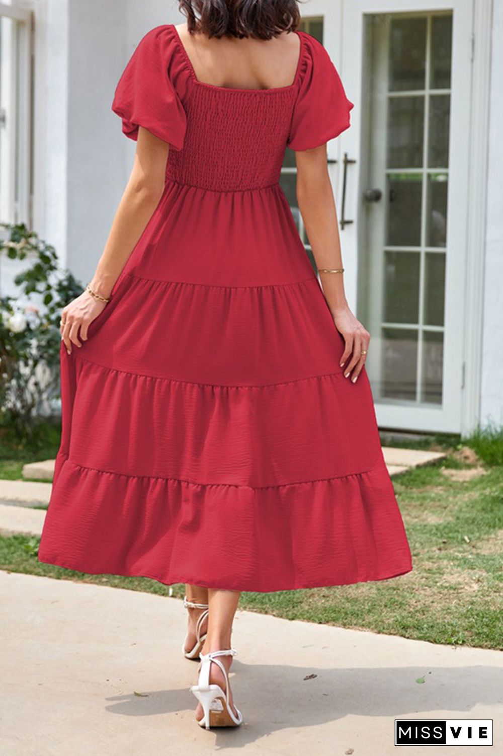 Square Neck Puff Sleeves Tiered Long Dress