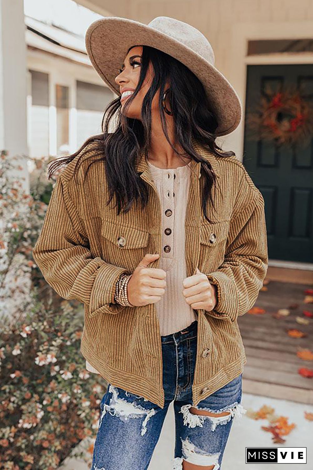 Khaki Ribbed Corduroy Long Sleeve Jacket with Pocket