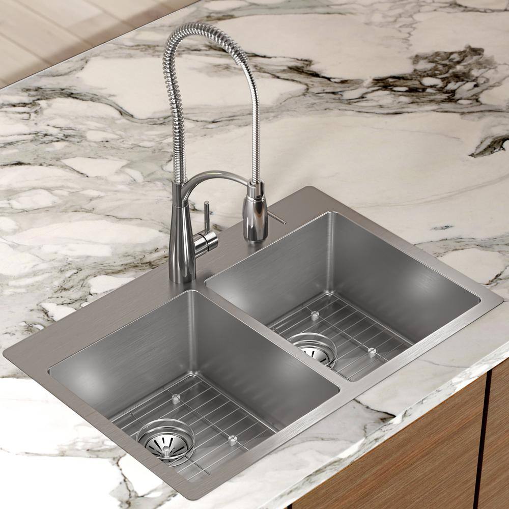 Elkay Crosstown Drop-InUndermount Stainless Steel 33 in. 2-Hole Double Bowl Kitchen Sink with Bottom Grids HDDB332292F