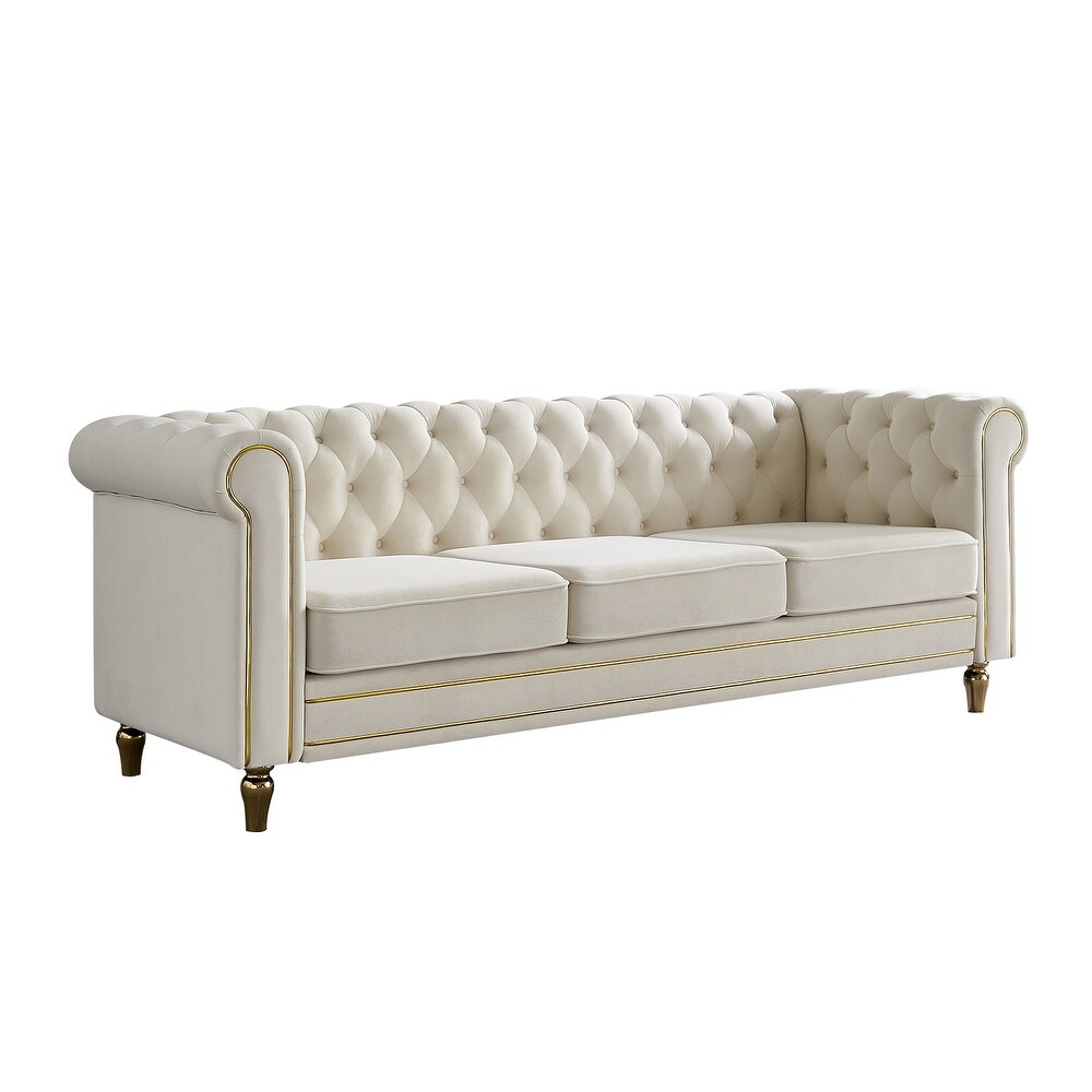 84.65 inch Chesterfield Velvet Sofa for Living Room  Office Etc  Tufted 3 Seater Sofa Couch with Remoable Seat Cushions