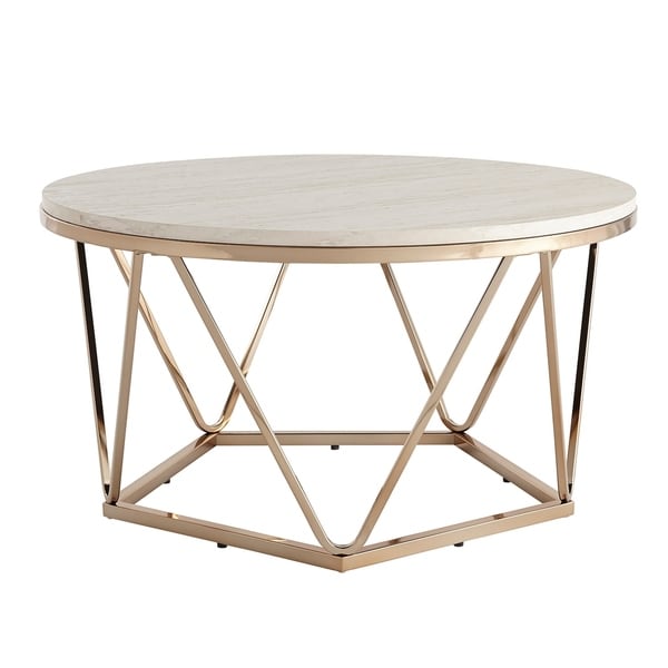 SEI Furniture Henderson Modern Faux Marble Top Gold Geometric Base Round Coffee Table