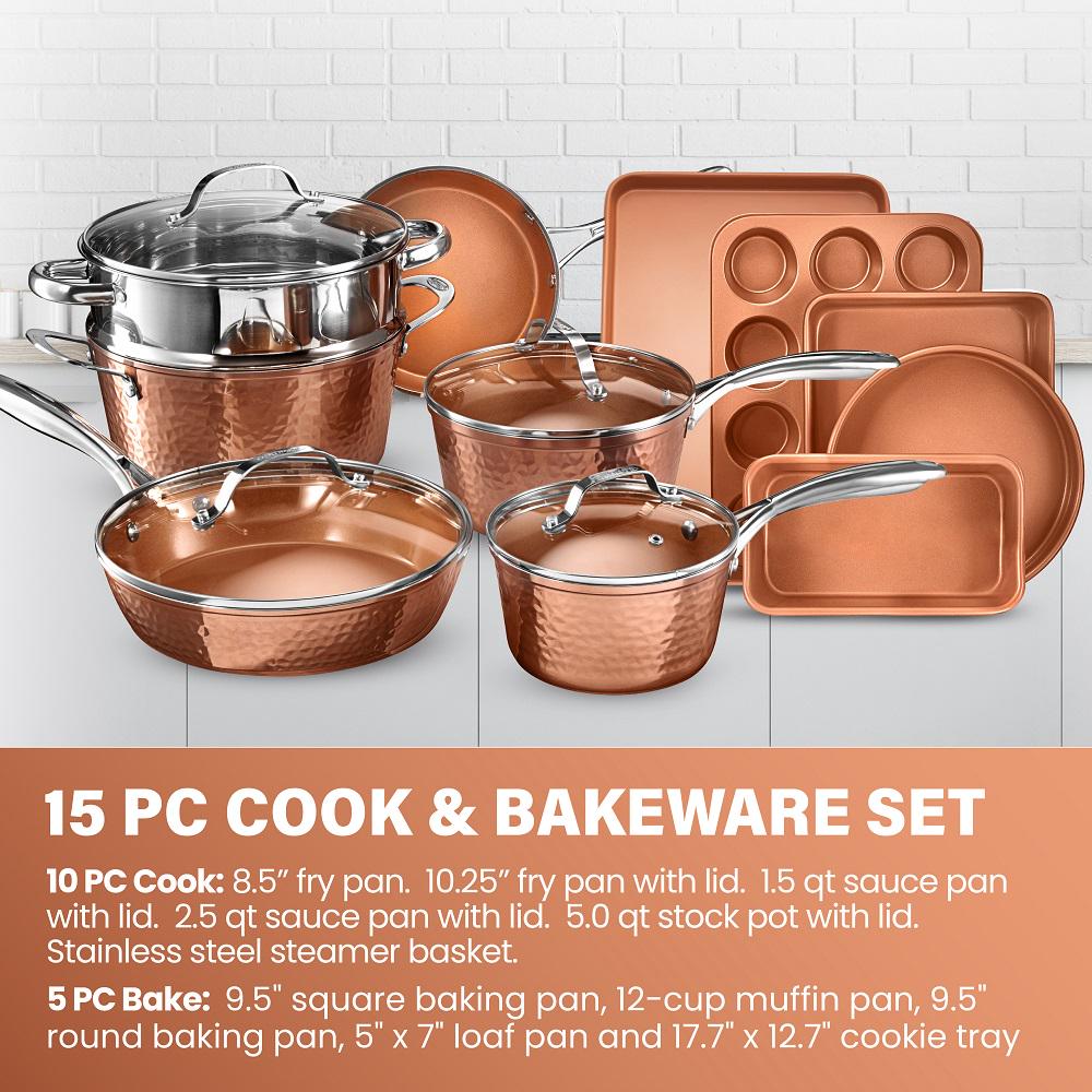 Gotham Steel Hammered Collection Pots and Pans Set， 15-Piece Premium Cookware and Bakeware Set， Non-Stick， Includes Fry Pans， Stock Pots， Bakeware Set and More， Copper