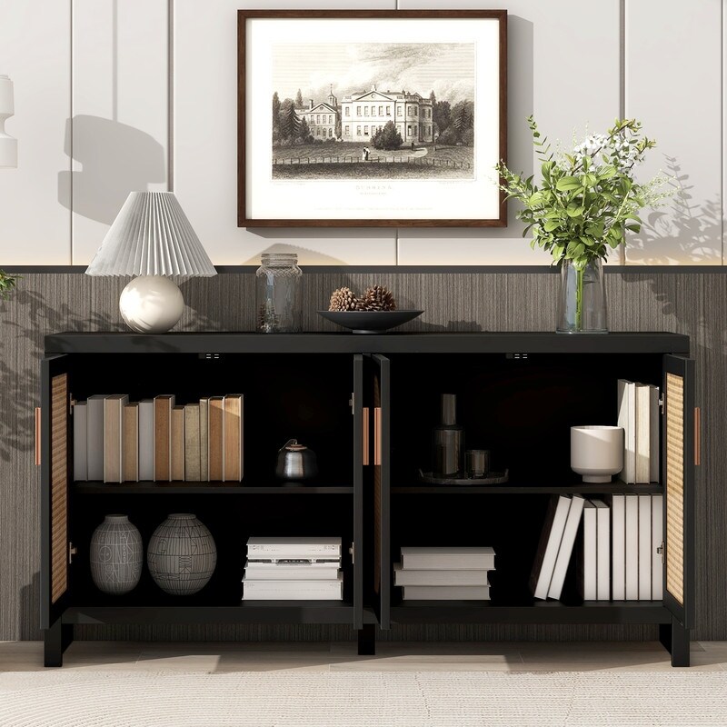 Modern TV Stand with Rattan Doors and Adjustable Shelves  Entertainment Center Media Console Table Storage Sideboard Cabinet