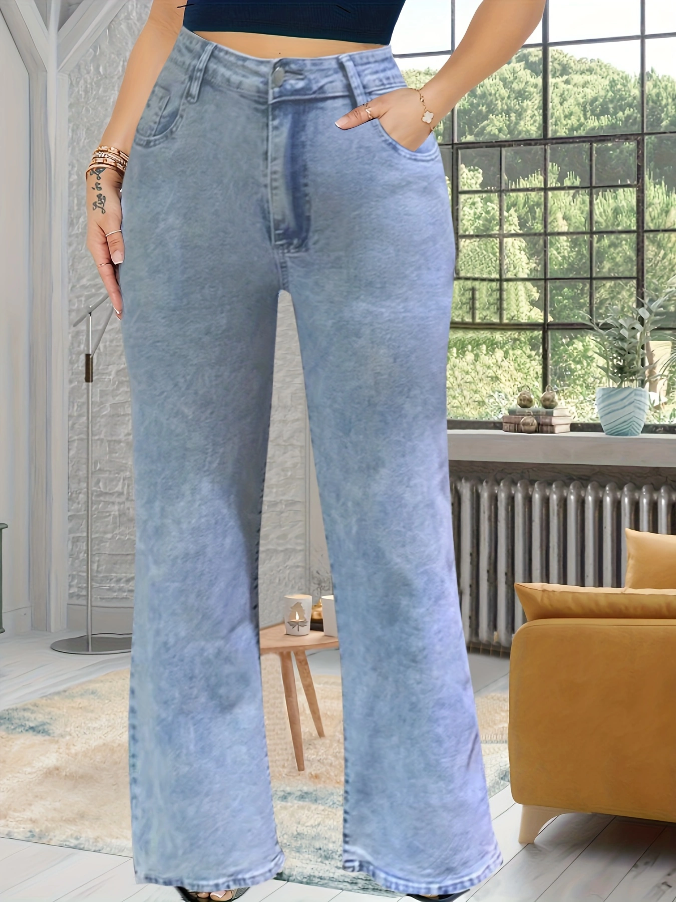 75% Cotton Plus Size Embroidered High Stretch Jeans, Straight Leg with Pockets, Cute Solid Color Denim, All-Season 23% Polyester 2% Spandex Blend Fabric