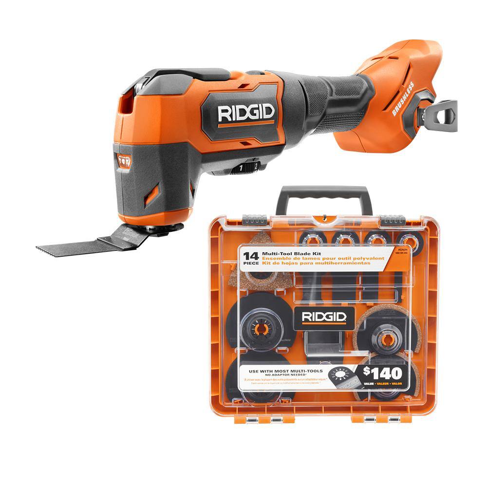 RIDGID 18V Brushless Cordless Oscillating Multi-Tool (Tool Only) and 14-Piece Oscillating Blade Set R86240B-AC24J14