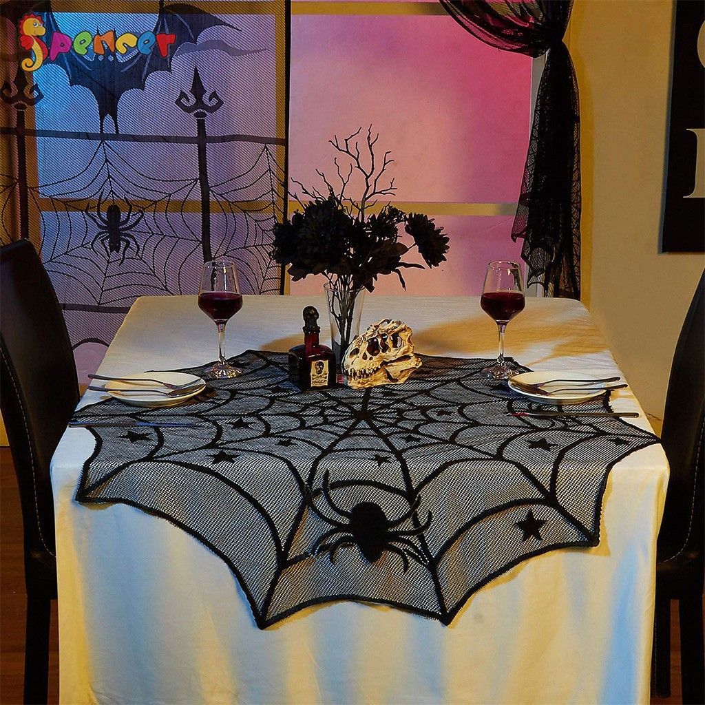 SpencerToys 40 Round Lace Spider Web Tablecloth， Black Table Topper Perfect for Halloween Party Dinner Table Decoration