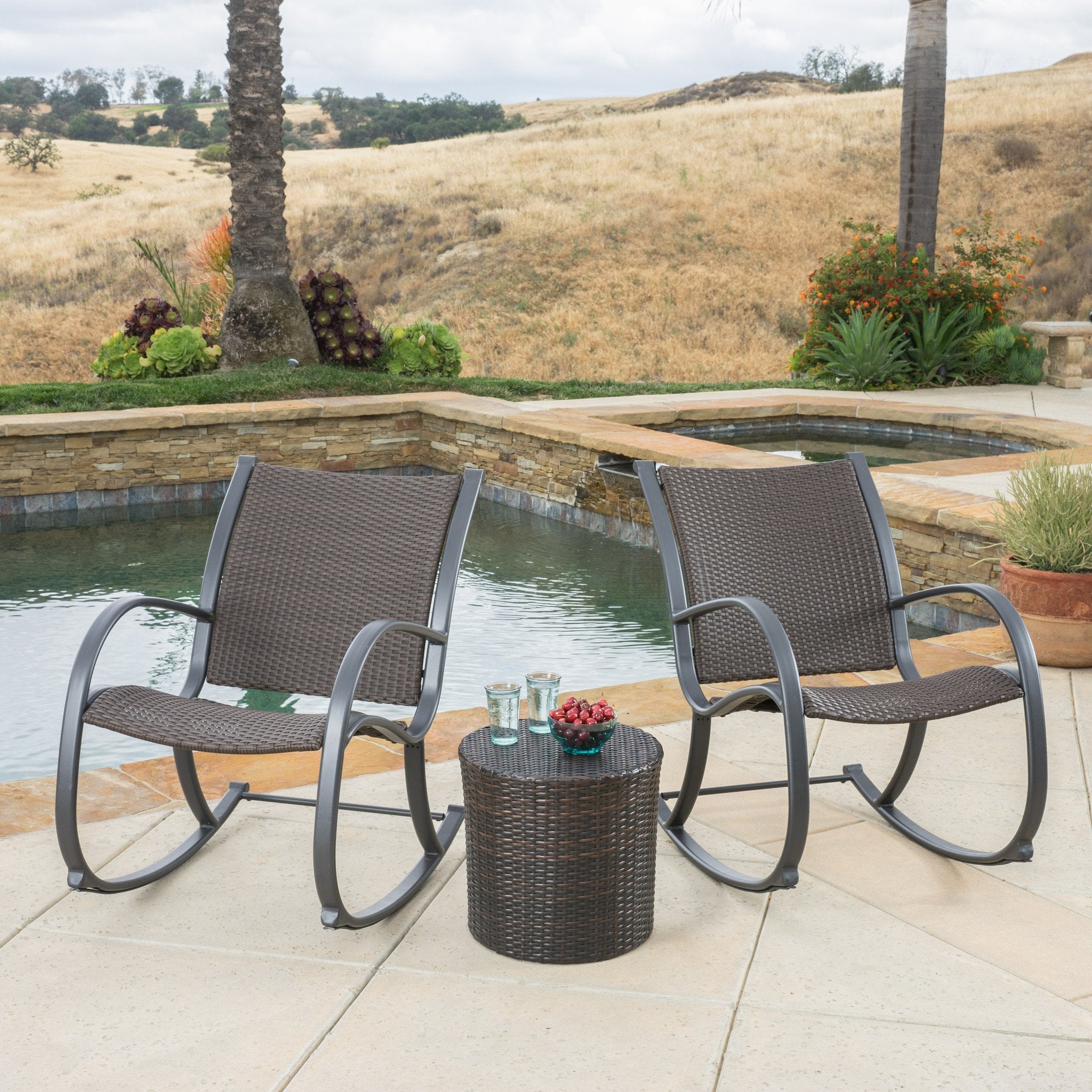 Leann Outdoor 3pc Dark Brown Wicker Rocking Chair Chat Set