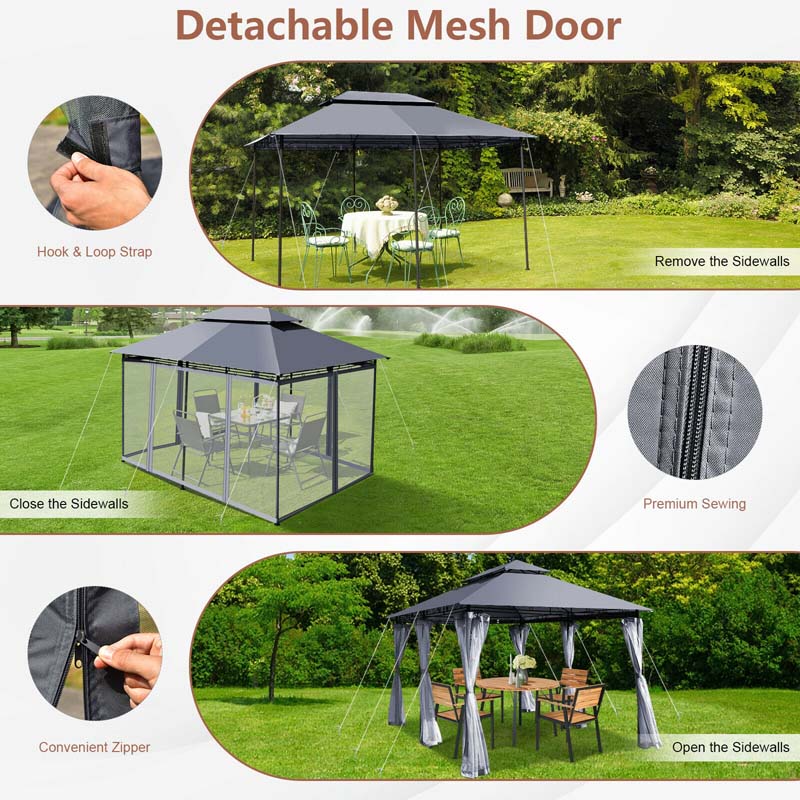 10 x 13 FT Steel Patio Gazebo with Mesh Curtains, 2 Tier Vented Roof Outdoor Canopy Gazebo Tent