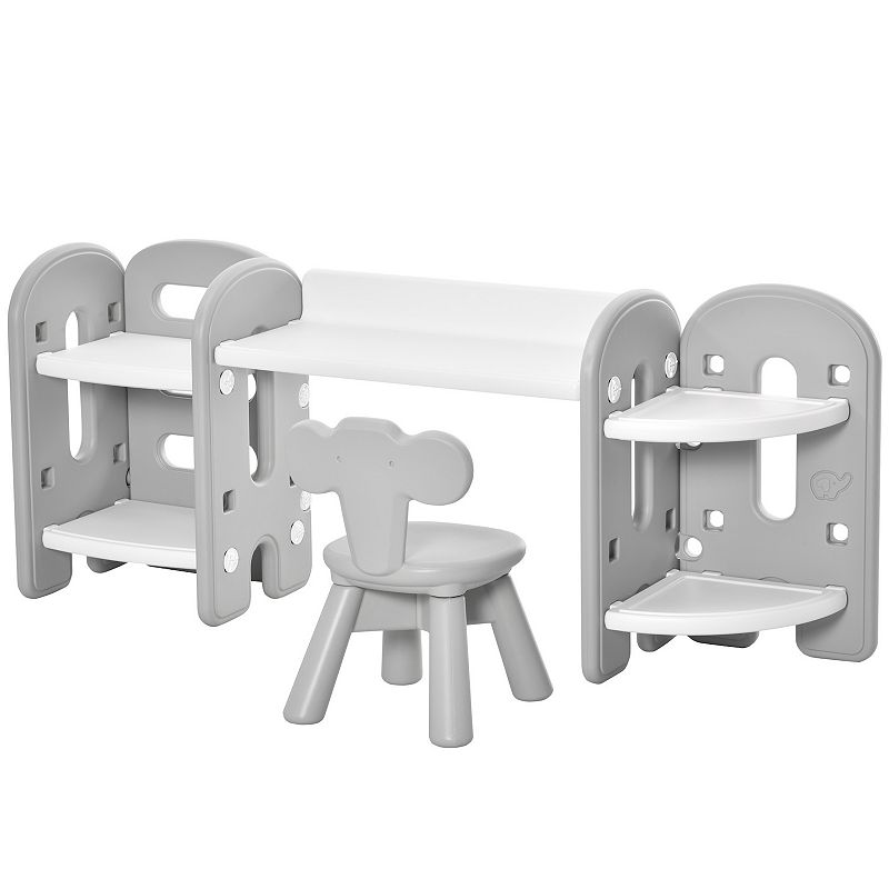 Qaba Kids Table and Chair Set Activity Desk with Bookshelf and Storage for Study Activities Arts or Crafts Grey and White