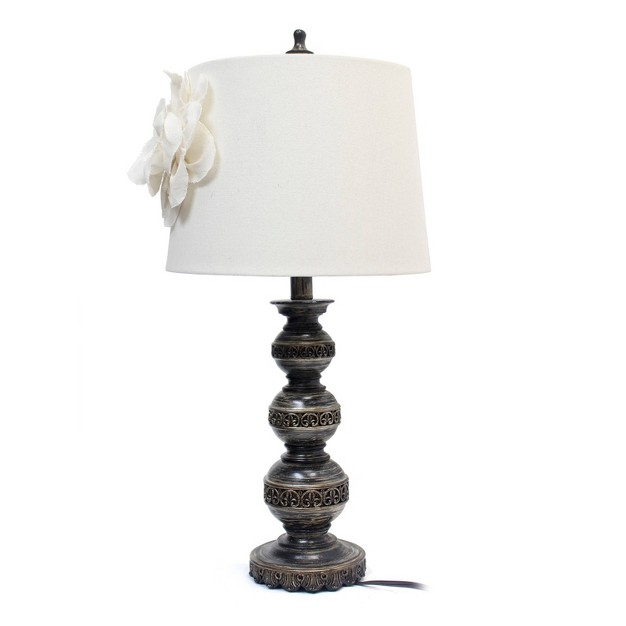 Aged Stacked Ball Table Lamp With Couture Linen Flower Shade White Elegant Designs