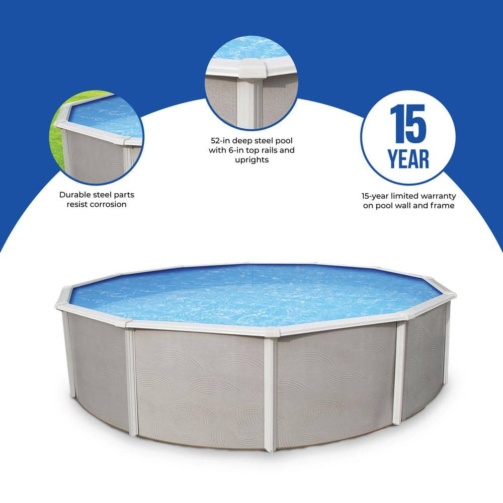 Blue Wave Belize 24 ft. Round x 52 in. Deep Metal Wall Above Ground Pool Package with 6 in. Top Rail NB3034