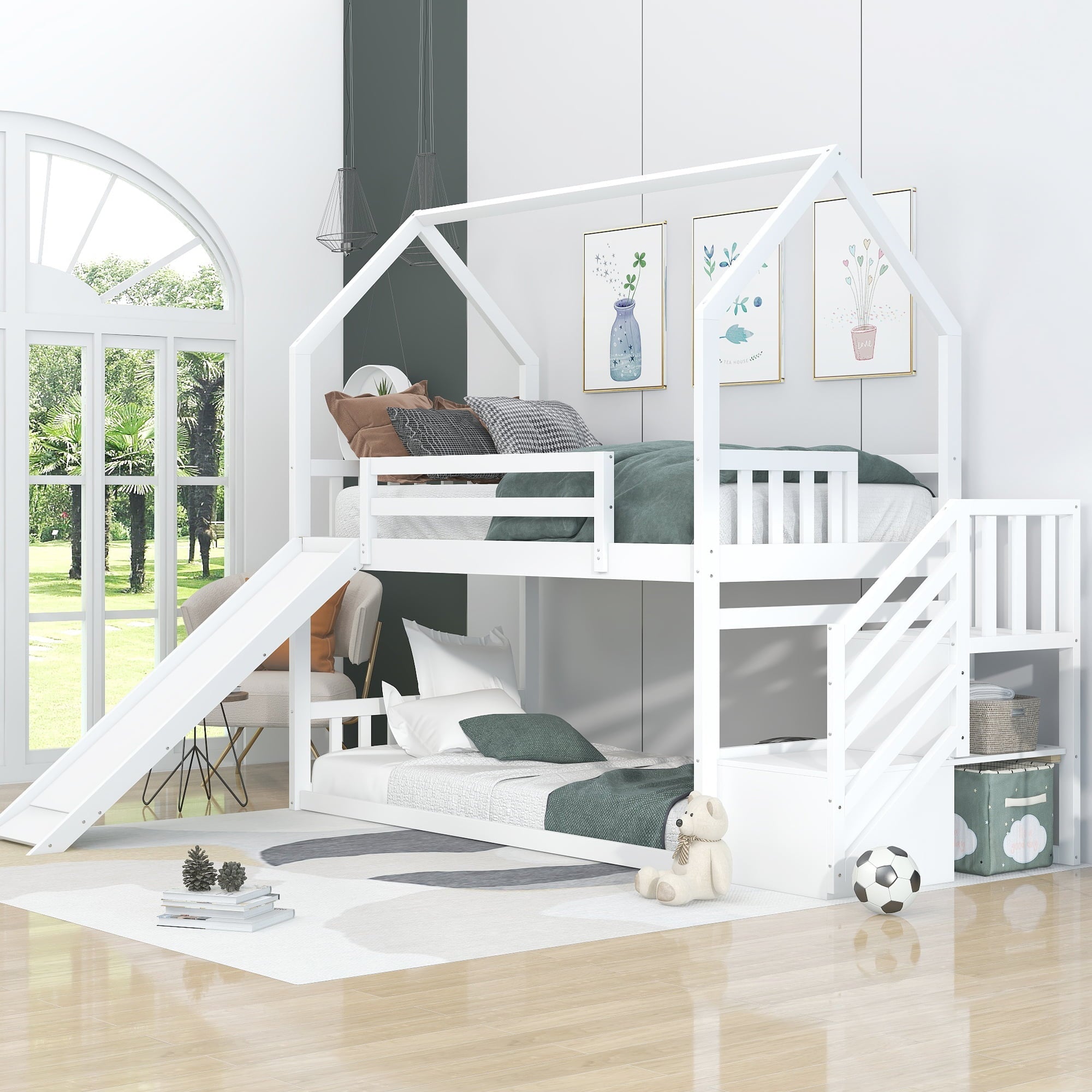 EUROCO Twin over Twin House Bunk Bed with Staircase for Kids for Bedroom, White