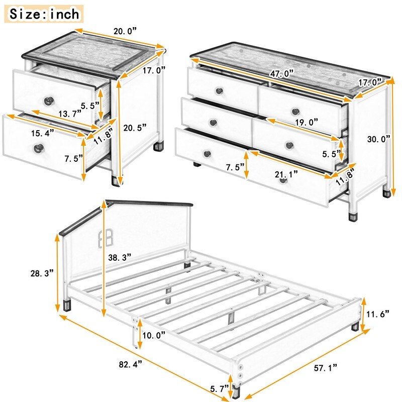 3 Pieces Bedroom Sets Full Size Platform Bed with Nightstand and Storage dresser