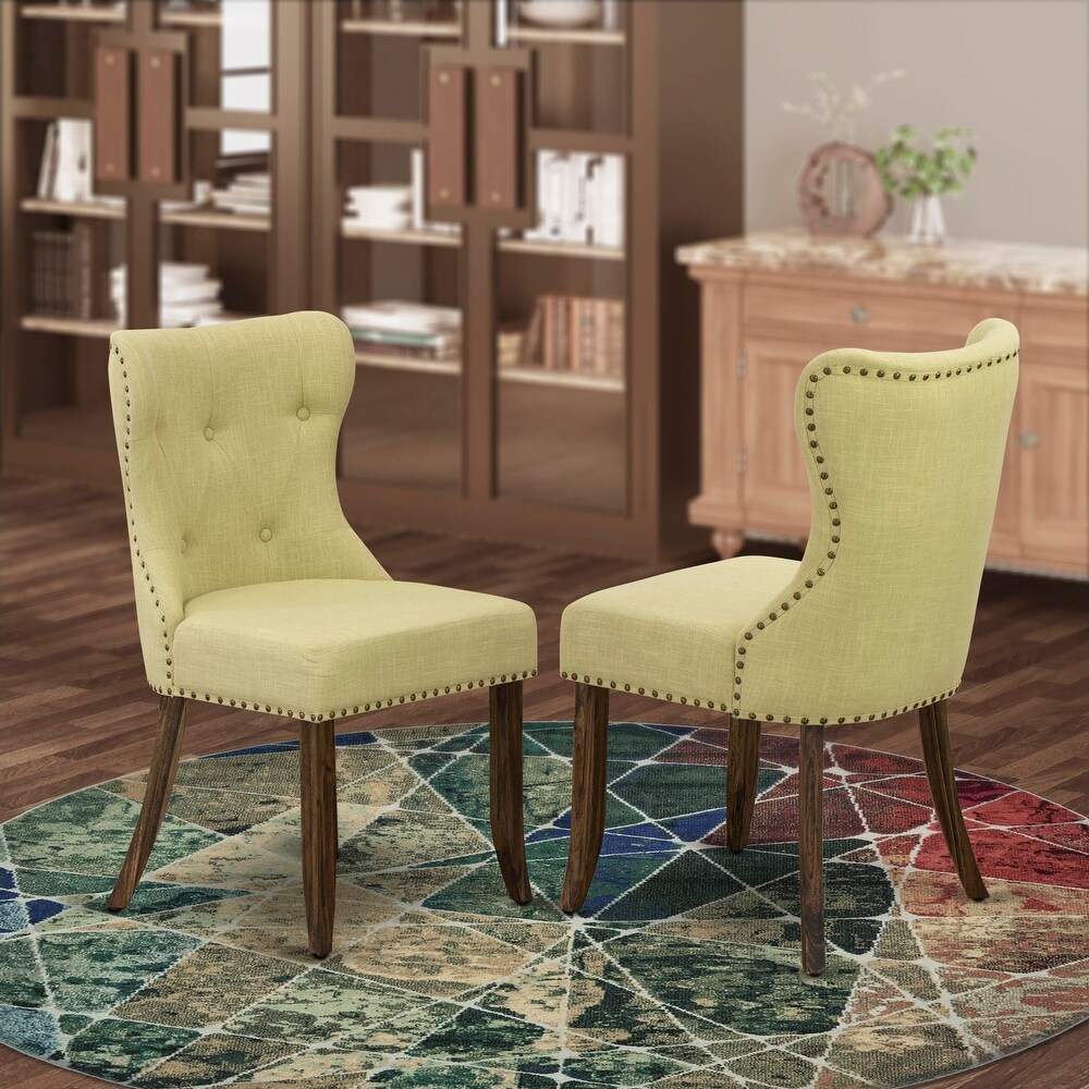 East West Furniture Sion Parson Dining Chairs   Button Tufted Nail head Trim Linen Fabric Chairs  Set of 2  (Finish Options)