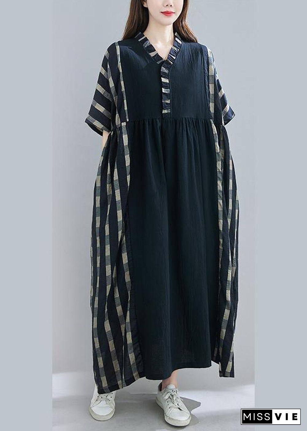 100% V Neck Patchwork Spring Clothes Sleeve Black Plaid Maxi Dress