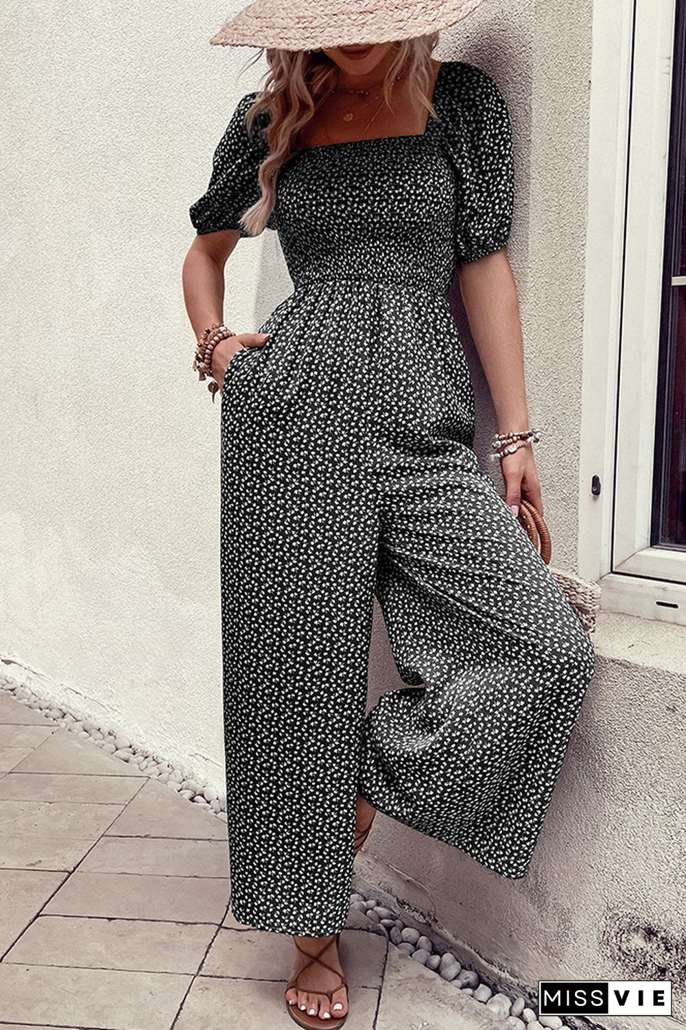 Printed Squared Neck Smocked Puff Wide Leg Jumpsuit